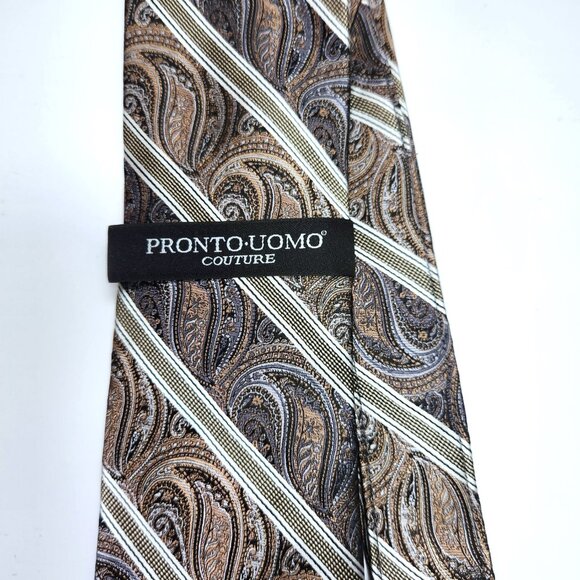 Pronto Uomo Couture Paisley Necktie Men's Silver & Gold 100% Silk Tie New - Picture 3 of 7